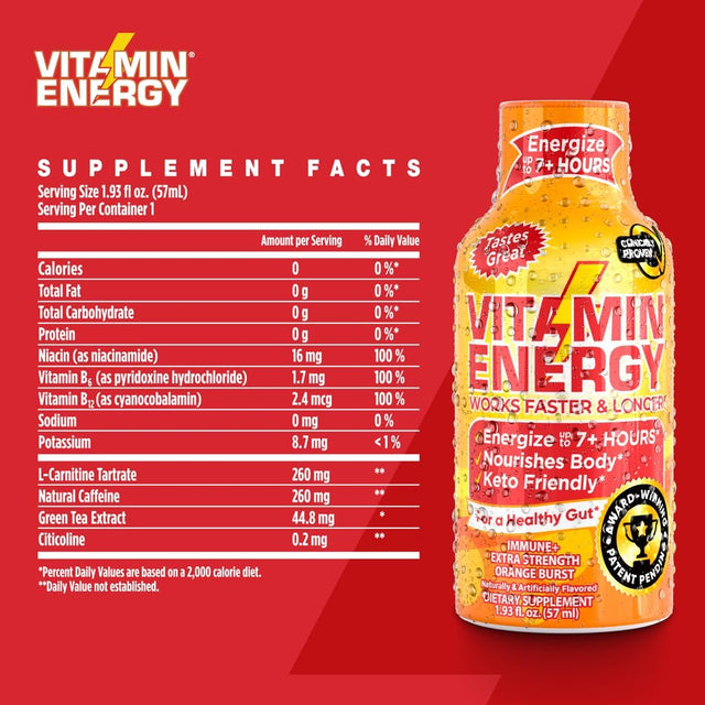 Vitamin Energy Extra Strength Energy Drink Shots | Natural Nutrients to Energize & Support Immune System | Sugar & Carb-Free | Immunity Formula | up to 7+ Hours | Orange Burst- 1.93 Fl Oz- Pack of 24