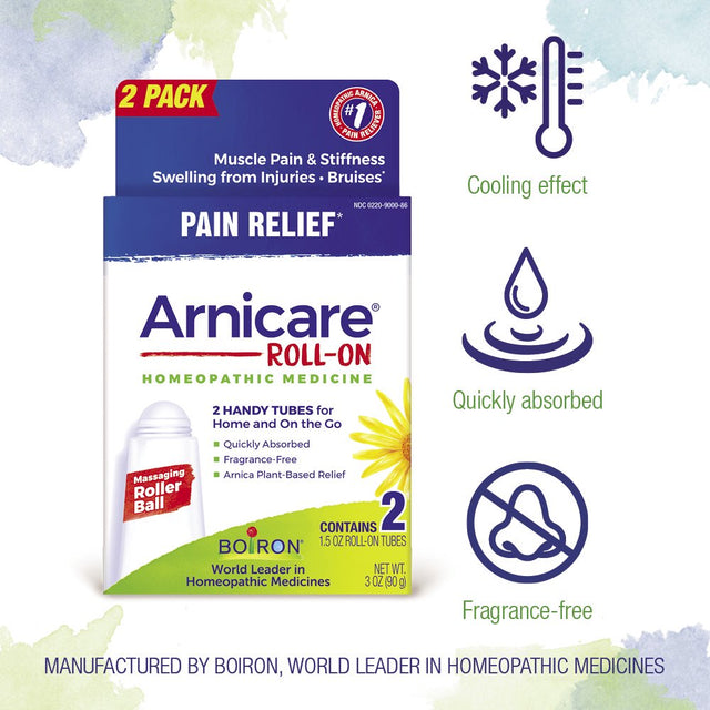 Boiron Arnicare Roll-On, Homeopathic Medicine for Pain Relief, Muscle Pain & Stiffness, Swelling from Injuries, Bruises, 2 X 1.5 Oz Twin Pack