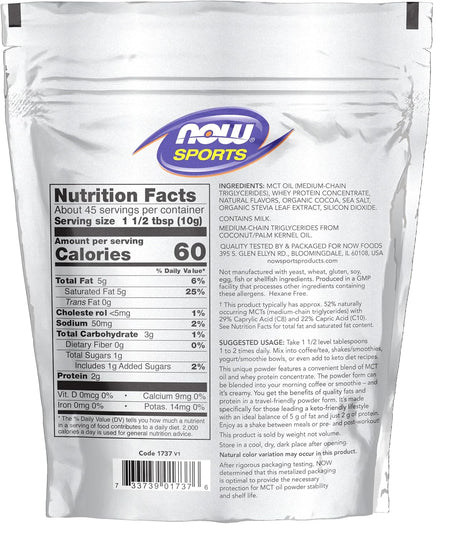 NOW Sports Nutrition, MCT Powder with Whey Protein Isolate, 52% Mcts, Chocolate Mocha, 1-Pound