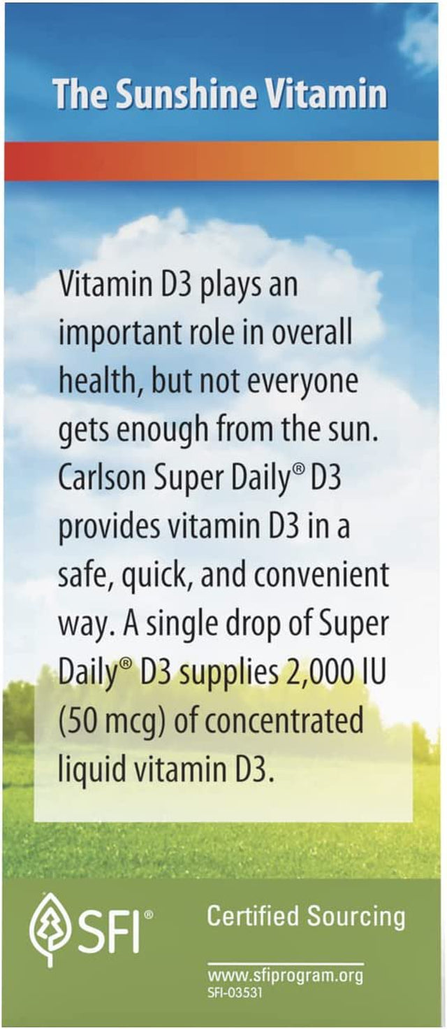 Carlson - Super Daily D3, Vitamin D Drops, 2,000 IU per Drop, 1-Year Supply, Vitamin D3 Liquid, Heart & Immune Health, Vegetarian, Liquid Vitamin D Drops, Unflavored, 365 Drops