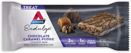 Atkins Endulge Chocolate Caramel Fudge Dessert Bar, Protein Snack, High in Fiber, 1G Sugar, Keto Friendly, 30 Count