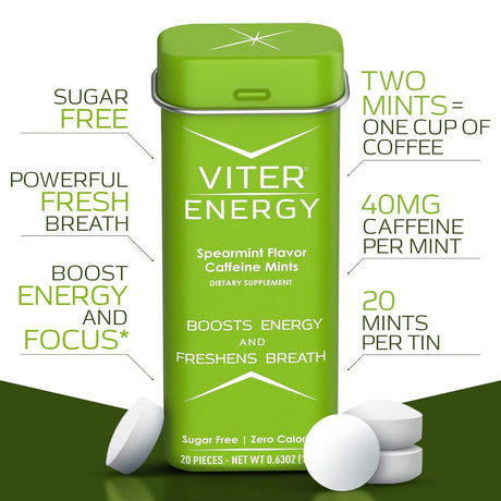 Viter Energy Original Caffeine Mints Spearmint Flavor 6 Pack and 1/2 Pound Bulk Bag Bundle - 40Mg Caffeine, B Vitamins, Sugar Free, Vegan, Powerful Energy Booster for Focus and Alertness