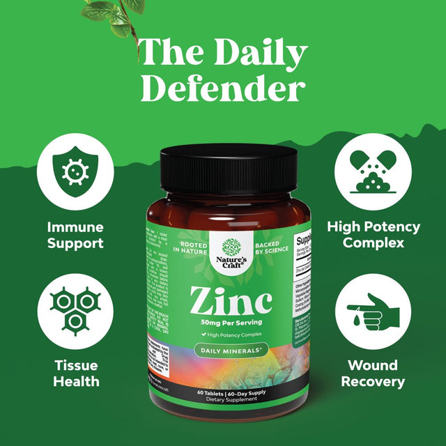 Zinc Supplement 50Mg per Serving - Zinc Immune System Booster and Natural Zinc Supplement for Mood Boost Heart Health Brain Support with Hair Skin and Nails Vitamins - Zinc Immune Support Supplement