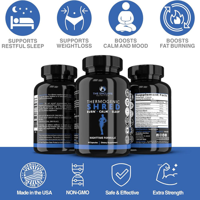 Fat Burner for Women and Men, Appetite Suppressant, Weight Loss Diet Pills, Dietary Supplements 60 Ct., Night Shred Thermogenic Fat Burners, Metabolism Booster and Sleep Aid for Adults