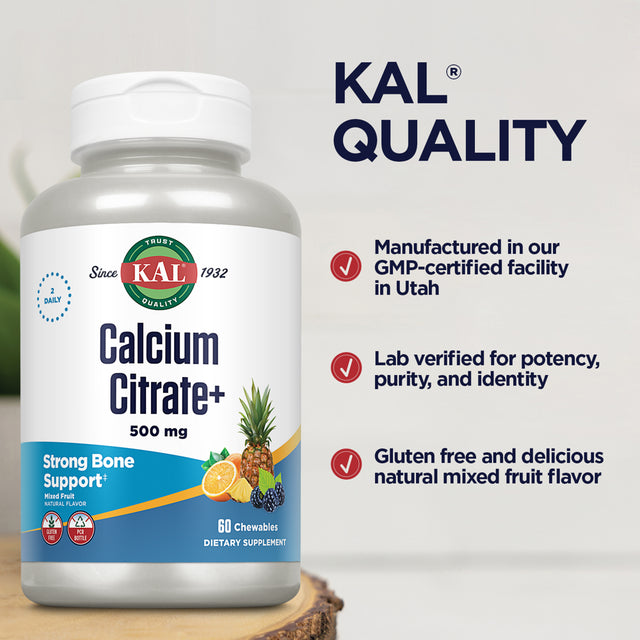 KAL Calcium Citrate Chewable 500Mg W/ Magnesium & Vitamin D-3 | for Bones, Teeth, Nerve & Muscle Support | Natural Mixed Fruit Flavor | 60 Chewables