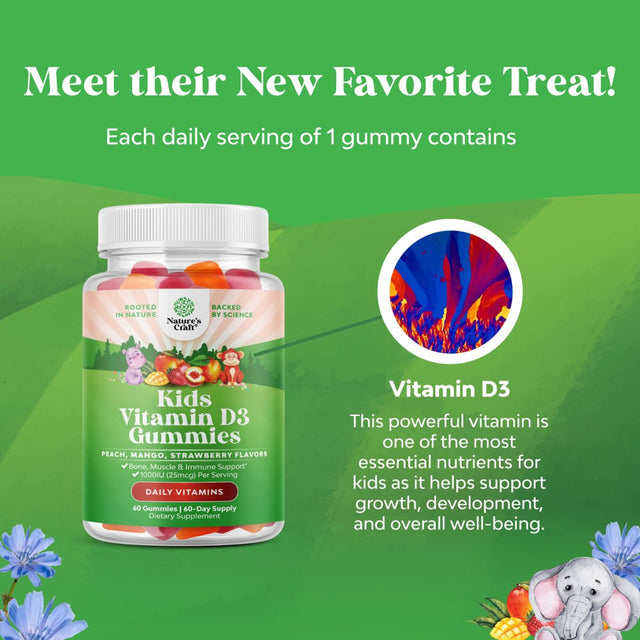 Chewable Vitamin D Gummies - Delicious Kids Vitamin D 1000 IU per Serving Gummy Vitamins for Kids and Toddlers Immune Support plus Muscle Teeth and Bone Health - Gelatin Free Non-Gmo Fruit Flavors