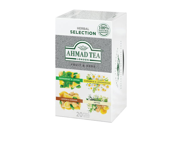 Ahmad Tea Herbal Tea, Fruit and Herb Selection, 4 Teas Peppermint and Lemon, Camomile and Lemongrass, Lemon and Ginger, and Detox Teabags, 20 Ct - Decaffeinated and Sugar-Free