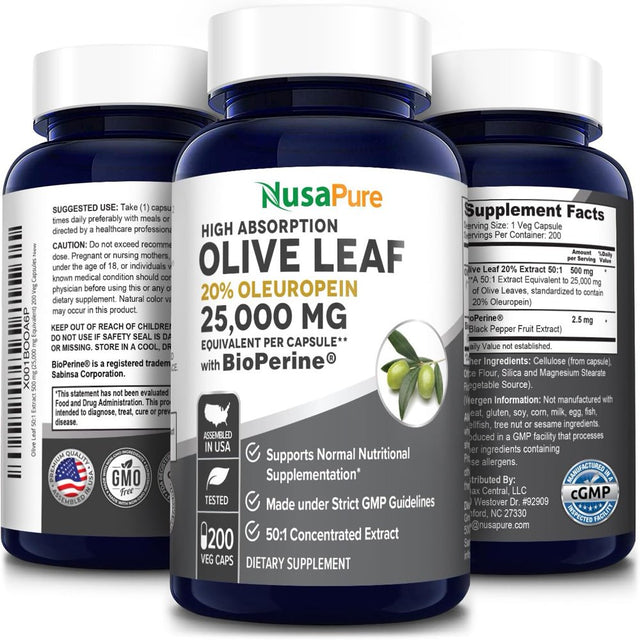 Nusapure 25,000Mg, 200 Caps Olive Leaf Extract: Non-Gmo, 20% Oleuropein, Vegetarian, Super Strength, Oil-Free, Dietary Supplement for Unisex Adult Health & Wellness