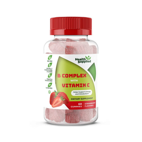 Vitamin B Complex with Vitamin C Gummies | Vitamin B6, Vitamin B12, Niacinamide, Folic Acid, Biotin and Calcium | Great Tasting Natural Strawberry Flavor Gummy Daily Supplement