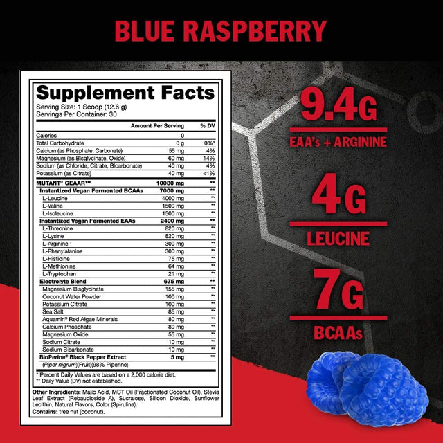 Mutant GEAAR - 9.4G of EAA Powder + Arginine, 7G Bcaas, 4G Leucine, Electrolytes, Coconut Water, No Artificial Colors or Flavors, Delicious Taste - 30 Servings - Blue Raspberry - 378G