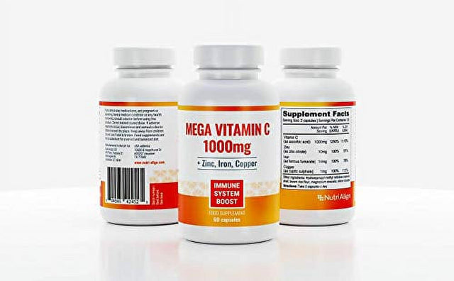 Mega Vitamin C 1000Mg plus Zinc, Iron and Copper. Powerful Immune System Boost. Sugar-Free, Gluten-Free. 60 Capsules - 1 Month Supply.