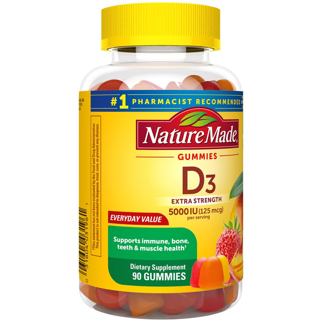 Nature Made Extra Strength Vitamin D3 5000 IU (125 Mcg) per Serving Gummies, Dietary Supplement, 90 Count