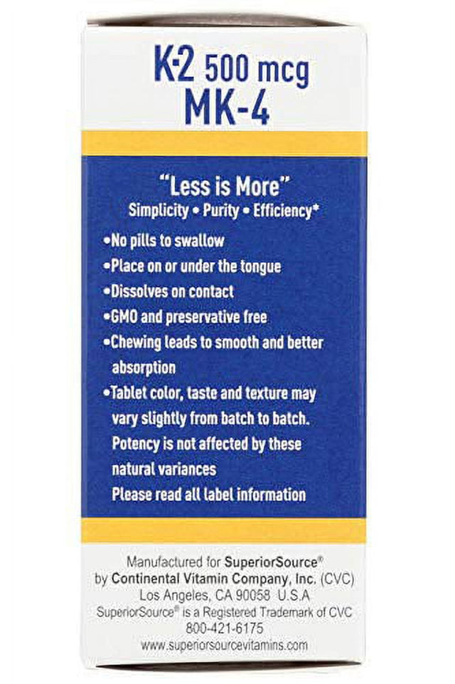 Superior Source Vitamin K2 MK-4 (Menaquinone-4), 500 Mcg, Quick Dissolve Sublingual Tablets, 60 Count, Healthy Bones and Arteries, Immune & Cardiovascular Support, Assists Protein Synthesis, Non-Gmo