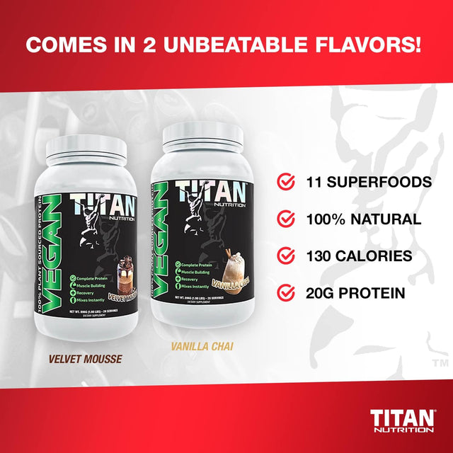 Titan Vegan Protein Powder (2 Lbs) - 100% Plant-Based with 9 Essential Amino Acids + Antioxidant-Rich Superfoods - Clean, Non-Dairy High-Fiber Shake - Build Lean Muscle & Burn Fat - Vanilla Chai