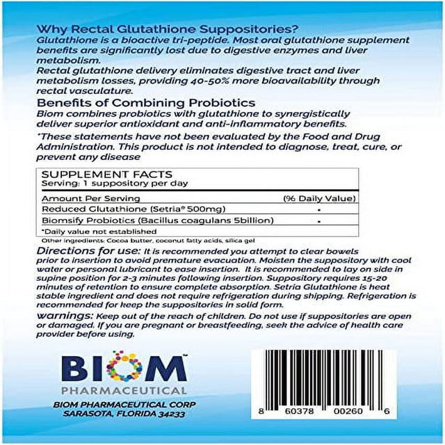 Biom Probiotics L-Glutathione High Potency Probiotic Suppositories, 500Mg