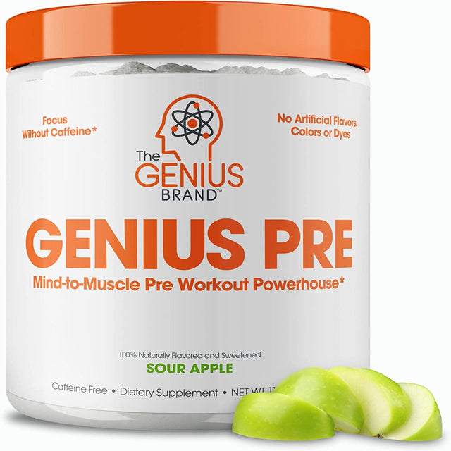 Pre-Workout Natural Energy Supplement Caffeine-Free Nootropic Focus & Muscle Building Support, Sour Apple, Genius Pre by the Genius Brand