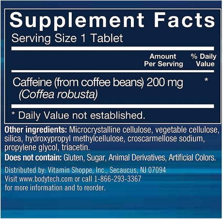 BODYTECH Natural Caffeine Supports Energy, Focus & Endurance - 200 MG (100 Tablets)