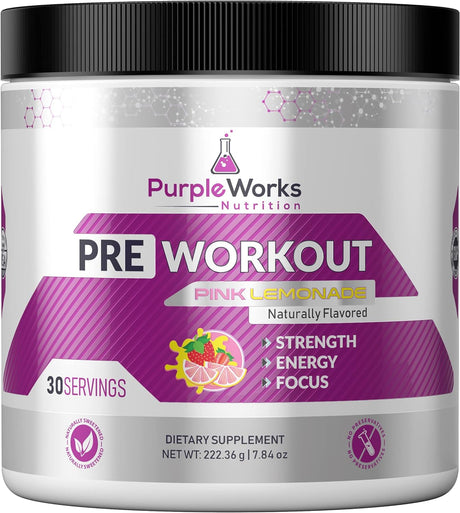 Purpleworks Pre-Workout for Men and Women, Made in USA, Vitamin D for Muscle & Immune Health, Creatine & Beta-Alanine for Strength, Caffeine & B Vitamins for Energy & Focus, Pink Lemonade