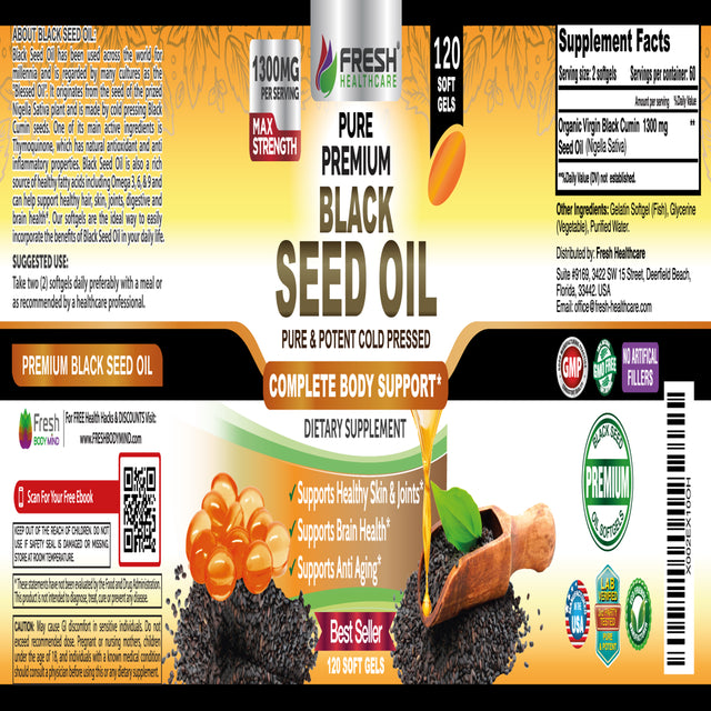 Black Seed Oil Pills Cold Pressed 1300Mg per Serving, 100% Pure & Premium Non-Gmo Nigella Sativa Black Cumin Seed Oil, Supports Immune System, Joint & Skin Health - 120 Liquid Softgel Capsules