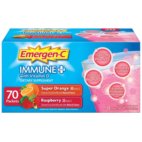 Emergen-C Immune+ (70 Ct.) - System Support Dietary Supplement Drink Mix with Vitamin D, 1000Mg Vitamin C - 70 Packets (30 - Raspberry Flavor, 40 - Super Orange Flavor)