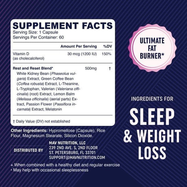 MAV NUTRITION Weight Loss Pills Night Time Fat Burner for Women & Men | Sleep Aid Diet Pills, Appetite Suppressant, Metabolism Boost, Carb Blocker; 60 Count