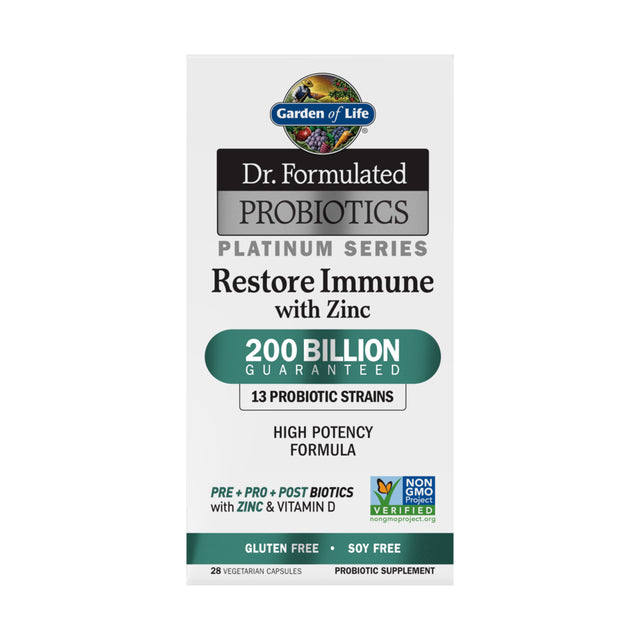 Garden of Life Dr. Formulated Probiotics Platinum Series RESTORE IMMUNE with Zinc and Vitamin D - 200 Billion CFU Guaranteed, Prebiotic Postbiotic Probiotic for Digestion, 28 Ct *EN