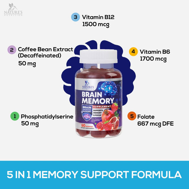 Nootropic Brain Booster Memory Supplement Gummy for Concentration & Mental Focus - Brain Health & Energy with B12, Phosphatidylserine, Coffee Extract, Nature'S Vitamins for Men & Women - 60 Gummies