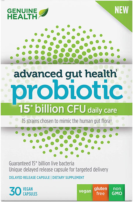 Genuine Health Probiotic, 15 Billion CFU, Gentle Care, 15 Strains, Supports Gut + Digestive Health, Vegan Delayed-Release Capsules, for Advanced Gut Health 30 Count