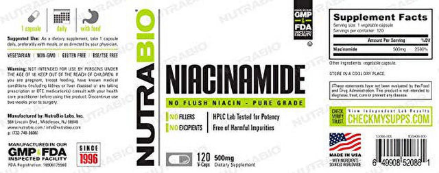 Nutrabio Kosher Niacinamide 500 Mg - 120 Vegetable Capsules