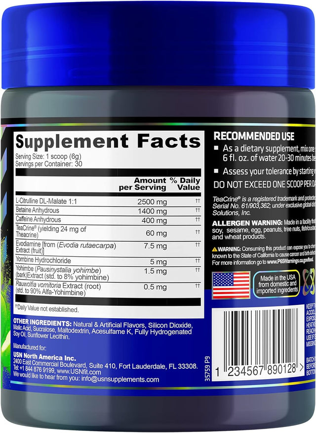 USN 3XT Max Energy Pre-Workout Supplement Powder for Energy, Endurance, and Pump, Preworkout Drink Mix, Nitric Oxide, Citrulline, Caffeine, Zero Creatine, Green Apple (30 Servings)