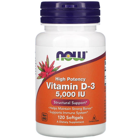 NOW Foods NOW Supplements, Vitamin D-3 5,000 IU, High Potency, Structural Support*, 120 Softgels (3 Pack)