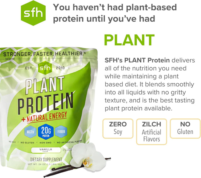 SFH Plant Based Protein (Vanilla) | 20G of Vegan Pea Protein with Mushrooms, Fiber, Mcts for Energy Support & Muscle Recovery | Gluten Free, Soy Free, No Artificial Flavors & No Added Sugar | 1.5Lb