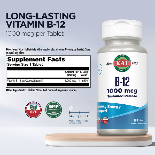 KAL B-12 1000 Mcg Sustained Release | Healthy Metabolism, Energy, Nerve & Red Blood Cell Support | Vegetarian | Lab Verified | 100 Tablets