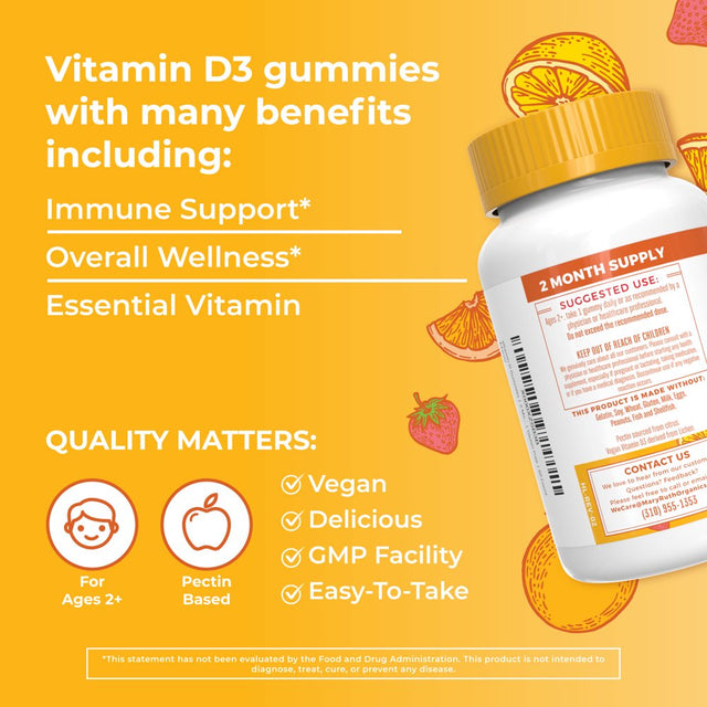 Maryruth Organics | Vitamin D3 Gummies for Adults & Kids | 2 Month Supply | Vitamin D Supplement for Bone Health | Vegan, Gluten Free | 60 Count