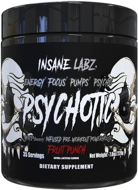 Insane Labz Psychotic Black Edition Mid Stimulant Pre Workout Powder, Energy Focus Pumps, Loaded with Creatine Beta Alanine Taurine Fueled by Ampiberry, 35 Servings Fruit Punch