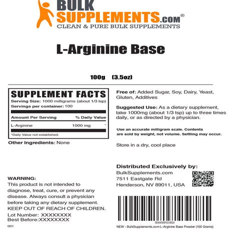 Bulksupplements.Com L-Arginine Powder, 1000Mg - Nitric Oxide Powder (100G - 100 Servings)