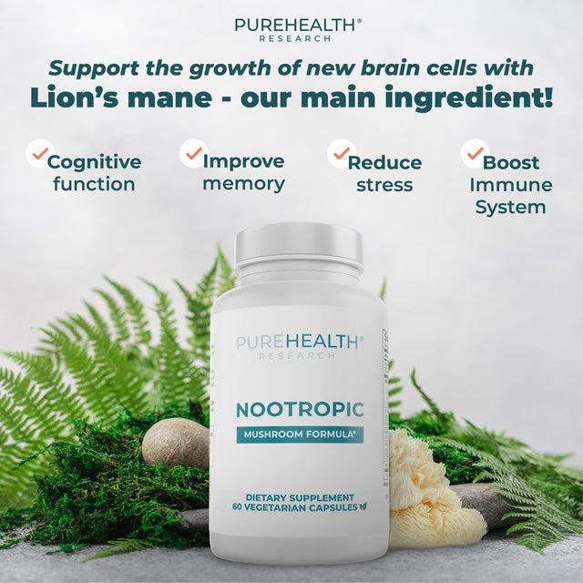 Nootropics Brain Support Supplement, Lions Mane, Shiitake, Chaga, Reishi Mushroom Powder - Enhance Memory and Improve Cognitive Health by Purehealth Research