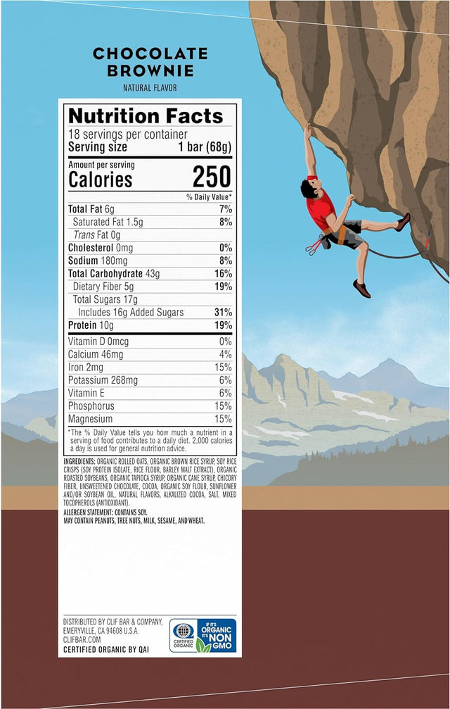 CLIF BAR - Chocolate Brownie Flavor - Made with Organic Oats - 10G Protein - Non-Gmo - Plant Based - Energy Bars - 2.4 Oz. (18 Pack)