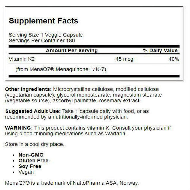 Doctor'S Best Natural Vitamin K2 MK-7 with Menaq7, Non-Gmo, Vegan, Gluten Free, Soy Free, 45 Mcg, 180 Veggie Caps