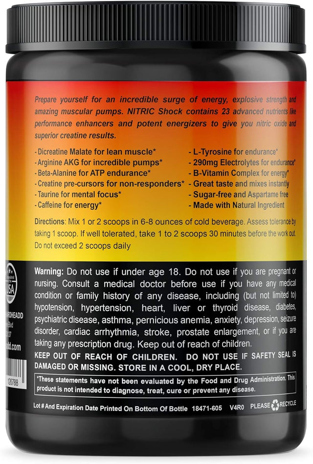 Nitric Shock Pre Workout Diet Supplement – Explosive Energy, Mental Focus Support, Amazing Muscular Pumps - Nitric Oxide Booster Pre-Workout Energy Powder - 30 Servings, Fruit Punch Flavor