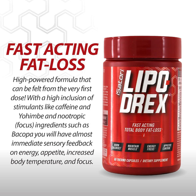 Isatori Lipo-Drex Fat Loss Thermogenic Formula - Focus Blend - Fast Acting Total Body Fat Burner Weight Loss Muscle Maintenance and Appetite Suppressant for Men and Women - 60 Capsules