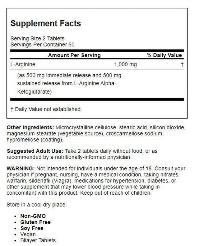 Doctor'S Best Sustained plus Immediate Release L-Arginine, Non-Gmo, Vegan, Gluten Free, Soy Free, 500 Mg, 120 Bilayer Tablets