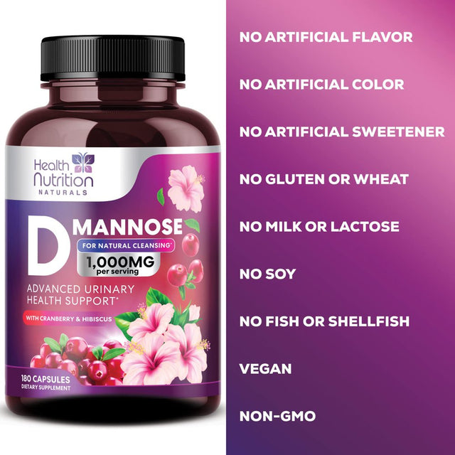 D-Mannose & Cranberry Extract 1350Mg, Fast-Acting to Support Natural Urinary Tract Health for Women & Men, Non-Gmo & Vegan, Flush Impurities in Urinary Tract & Bladder - 180 Capsules