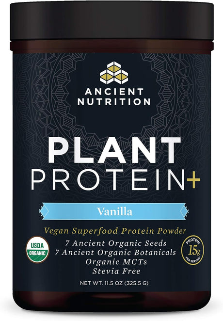 Ancient Nutrition Organic Plant Protein +, Vegan Plant Based Protein Powder, Vanilla, Formulated by Dr. Josh Axe, Dairy-Free, Gluten-Free, Non-Gmo, No Sugar Added, Paleo Friendly Supplement 11.5 Oz