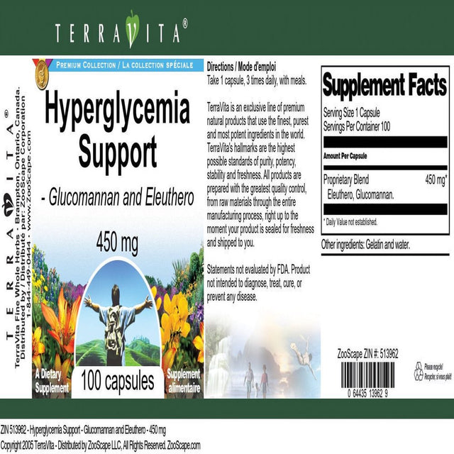 Terravita Hyperglycemia Support - Glucomannan and Eleuthero - 450 Mg, (100 Capsules, 1-Pack, Zin: 513962)