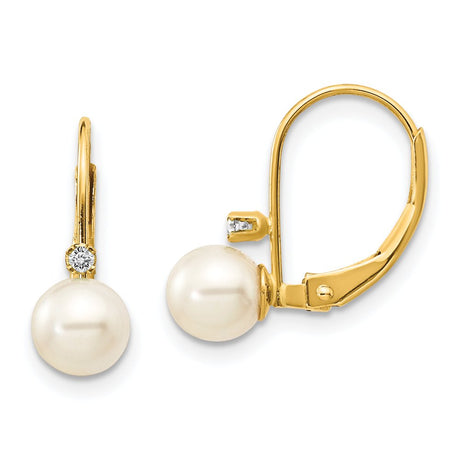 14K 5-6Mm White round FW Cultured Pearl AA Diamond Leverback Earrings XLB50PL/AA