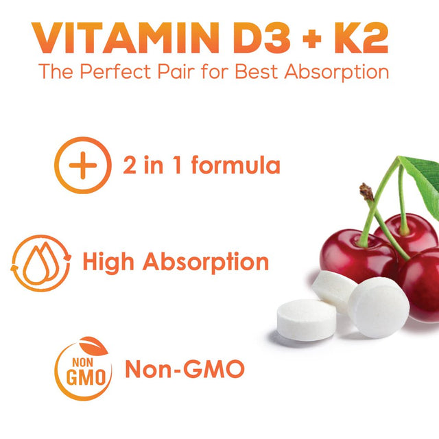 Vitamin D3 K2 as MK-7 with 2000Iu of D3 & 75Mcg K2, Vitamin K2 D3 Bone Strength Supplements Support Calcium Absorbtion for Teeth & Bone Health + Muscle & Immune Health Support - 120 Chewable Tablets