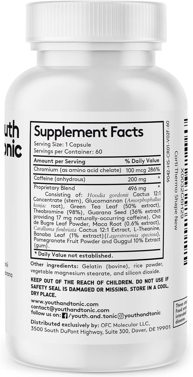 Youth & Tonic Corti-Thermo Shape 60 Capsules Advanced Diet Pills as Support for Energy Metabolism Focus Cravings for Men and Women with Caffeine Chromium Glucomannan Guarana Hoodia Gordonii I