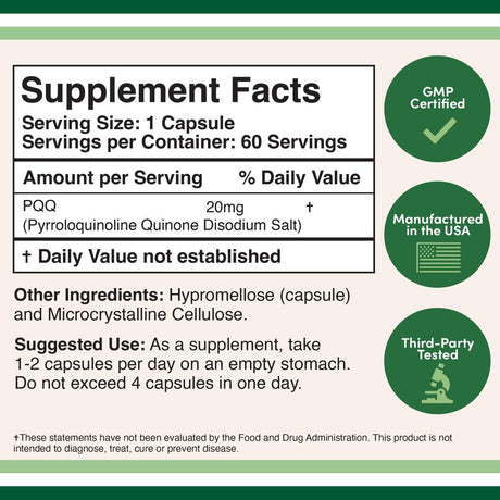 PQQ Supplement - 20Mg, 60 Capsules (Pyrroloquinoline Quinone), Energy Optimizer and Sleep Quality Support by Double Wood Supplements