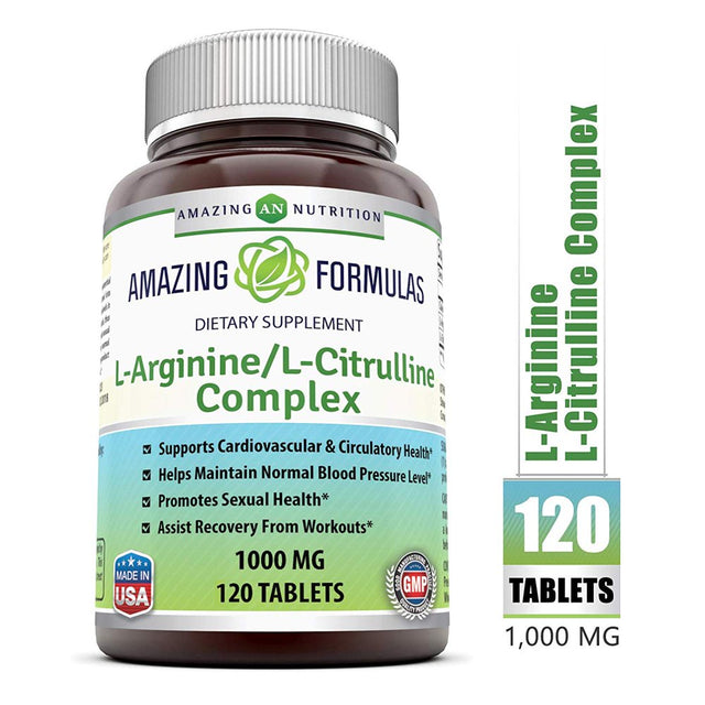 Amazing Nutrition L-Arginine/L-Citrulline Complex 1000 Mg Combines Two Amino Acids with Potential Health Benefits Supports Energy Production Ads (120 Tablets) (Non-Gmo,Gluten Free)